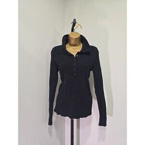 Black Ribbed Fitted Henley Sweater Womens Lge Collared Y2K Minimalist Preppy 90s